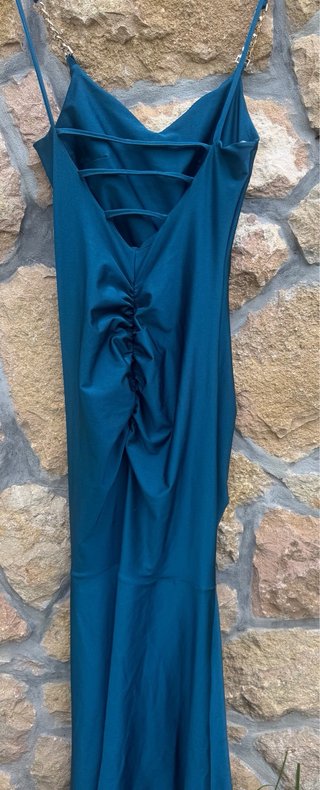 Vestido fiesta azul petróleo drapeado