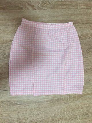 Conjunto cuadros rosa camisa y falda