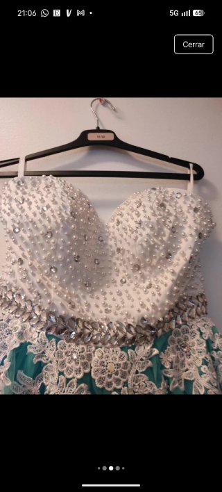 Vestido largo fiesta blanco y turquesa