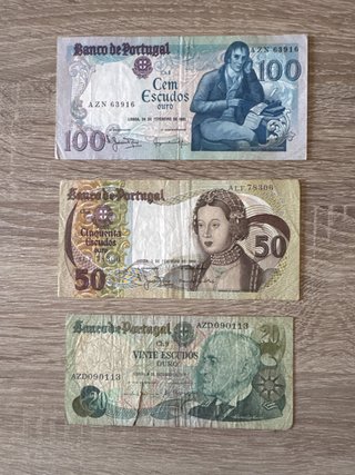 Lote 3 Billetes Portugal: 100, 50, 20 Escudos