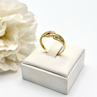Anillo oro 18kt con rubí, esmeralda y circonita