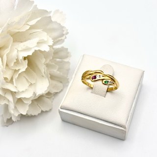 Anillo oro 18kt con rubí, esmeralda y circonita