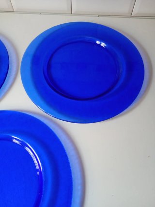 3 Platos Grandes Cristal Azul Centro Mesa