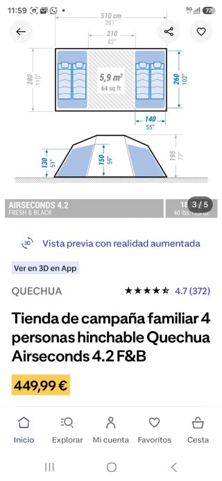 Tienda campaña familiar 4 personas Quechua