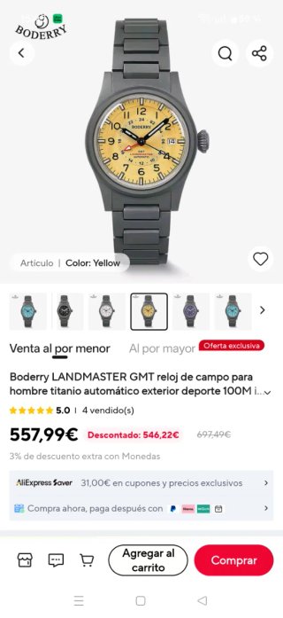 BODERRY Landmaster GMT Reloj Gris/Amarillo