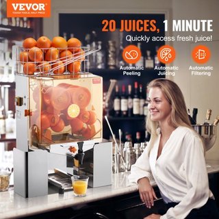 Máquina Exprimidora de Naranjas Comercial, Extractor de Jugo Automático de 120W con Grifo de Agua, Exprimidor de Naranjas de Acero Inoxidable 20 Naranjas/Minuto, con Caja de Filtro Extraíble, Cubi...