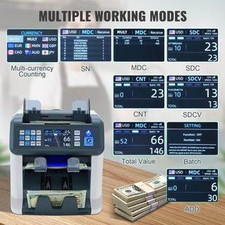 Máquina Contadora de Dinero, Contador de Billetes con Denominación Mixta, Detección de Falsificaciones 2CIS, SN, UV, IR, MG, DD, Multimoneda, Contador y Clasificador de Efectivo, Habilitado para I...