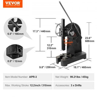 Prensa Arbor, Prensa Arbor de 3 Toneladas Tipo de Trinquete, Prensa Arbor de Palanca de Trinquete con Rueda de Mano, Altura Máxima de 12.2", Prensa de Punzonado Manual de Hierro Fundido de Escrito...