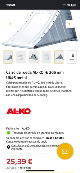 2 Calzos Rueda AL-KO UK46 Metal 206mm  Hasta 5000k