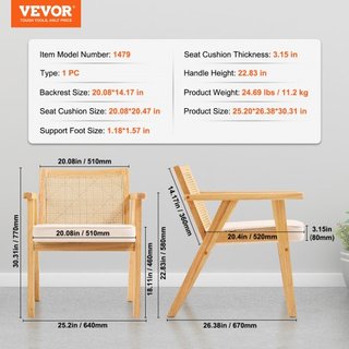 Silla de Rattan, Silla de Comedor Moderna de Medio Siglo con Reposabrazos, Silla Tapizada con Respaldo de Rattan, Silla de Comedor Retro de Rattan para Sala de Estar, Dormitorio, Sala de Lectura y...