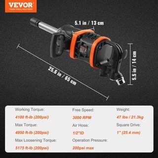 Llave de Impacto Neumática de 2.5 cm, Hasta 7016.37 N·m de Salida de Torque Inverso Bestial con Yunque Extendida de 20 cm para Reparaciones y Mantenimiento de Maquinaria Pesada / Camión Semi / Autobús