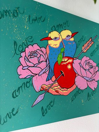 Cuadro decorativo de pájaros y manzana