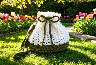 Bolso saco crochet blanco y verde oliva.