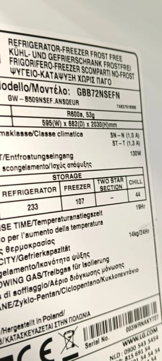 NEVERA COMBI L.G NO FROST ENERGÍA A+++
