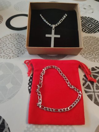 Collar Cruz Acero y Pulsera Set Hombre