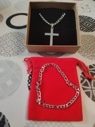 Collar Cruz Acero y Pulsera Set Hombre