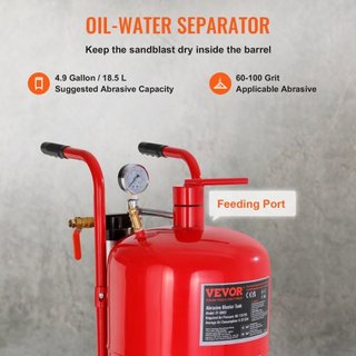 Sandblaster de 10Gal/40L Equipado con Válvula de Cierre de Boquilla Manómetro Boquilla de Cerámica Manguera de 2.5m Embudo de Llenado Trampa de Agua Ruedas de Goma de 6" Potente Equipos de Sandbla...
