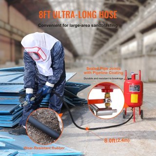 Sandblaster de 10Gal/40L Equipado con Válvula de Cierre de Boquilla Manómetro Boquilla de Cerámica Manguera de 2.5m Embudo de Llenado Trampa de Agua Ruedas de Goma de 6" Potente Equipos de Sandbla...