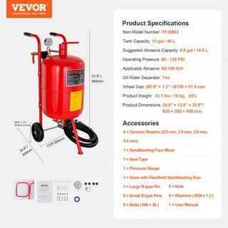 Sandblaster de 10Gal/40L Equipado con Válvula de Cierre de Boquilla Manómetro Boquilla de Cerámica Manguera de 2.5m Embudo de Llenado Trampa de Agua Ruedas de Goma de 6" Potente Equipos de Sandbla...