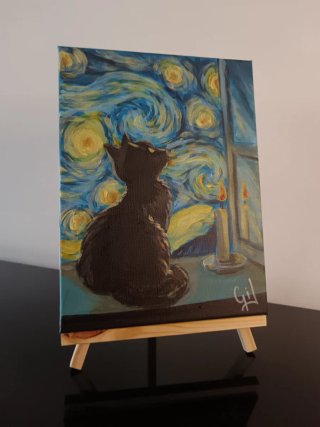 Cuadro Gato Negro Noche Estrellada
