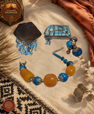 Collana etnica alpacca, osso intarsiato e perle