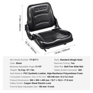 Asiento Universal para Montacargas, Asiento de Tractor Plegable con Respaldo Ajustable y Microinterruptor, Asiento Cómodo para Montacargas con Ranura Extendida de 6.3-13.4 pulgadas para Cargadora ...