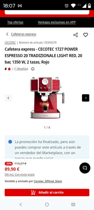 Cafetera Express Cecotec 1727 Power Roja
