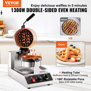 Máquina de Waffles Redonda Comercial 1300W Rotativa de Placa Antiadherente 220V