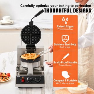 Máquina de Waffles Redonda Comercial 1300W Rotativa de Placa Antiadherente 220V