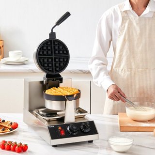 Máquina de Waffles Redonda Comercial 1300W Rotativa de Placa Antiadherente 220V