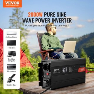 Inversor de Onda Pura, 2000 Vatios, Inversor de Potencia de DC 12V a AC 230V con 2 Salidas AC, 2 Puertos USB, 1 Puerto Tipo-C, Pantalla LCD y Control Remoto para Equipos Domésticos de Tamaño Media...