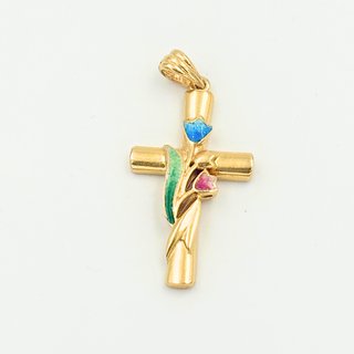 Colgante Cruz Oro 18K Flores Esmaltadas 3,50gr