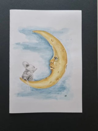 Acquerello "topolino sulla luna"