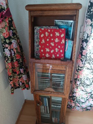 Mueble antiguo para CDs de madera y cristal