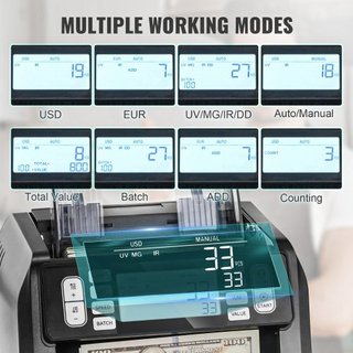 Máquina Contadora de Dinero, Contador de Billetes con Detección de Falsificaciones UV, MG, IR y DD, Máquina de Conteo de Efectivo en USD y EUR con Modos de Suma y Lote, Pantalla LCD Grande y Panta...