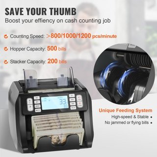 Máquina Contadora de Dinero, Contador de Billetes con Detección de Falsificaciones UV, MG, IR y DD, Máquina de Conteo de Efectivo en USD y EUR con Modos de Suma y Lote, Pantalla LCD Grande y Panta...