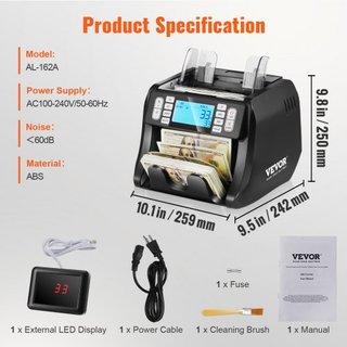 Máquina Contadora de Dinero, Contador de Billetes con Detección de Falsificaciones UV, MG, IR y DD, Máquina de Conteo de Efectivo en USD y EUR con Modos de Suma y Lote, Pantalla LCD Grande y Panta...