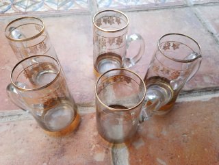 5 Jarras Vintage Art-Deco Cristal Doradas Años 60