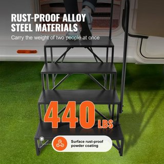Escalones para RV, Escaleras de 4 Pasos para RV, Capacidad de Carga de 440 LBS/199.6 kg, Acero Carbono Reforzado, Con Pasamanos, Pasos Antideslizantes para Entrada y Salida Segura, Adecuado para R...