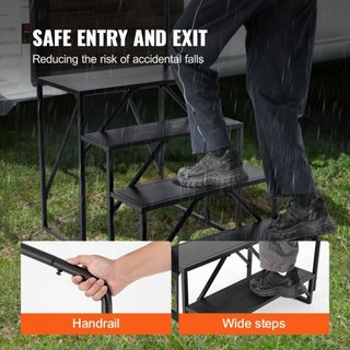 Escalones para RV, Escaleras de 4 Pasos para RV, Capacidad de Carga de 440 LBS/199.6 kg, Acero Carbono Reforzado, Con Pasamanos, Pasos Antideslizantes para Entrada y Salida Segura, Adecuado para R...