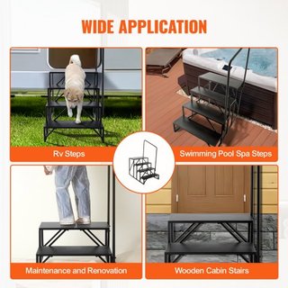 Escalones para RV, Escaleras de 4 Pasos para RV, Capacidad de Carga de 440 LBS/199.6 kg, Acero Carbono Reforzado, Con Pasamanos, Pasos Antideslizantes para Entrada y Salida Segura, Adecuado para R...