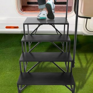 Escalones para RV, Escaleras de 4 Pasos para RV, Capacidad de Carga de 440 LBS/199.6 kg, Acero Carbono Reforzado, Con Pasamanos, Pasos Antideslizantes para Entrada y Salida Segura, Adecuado para R...