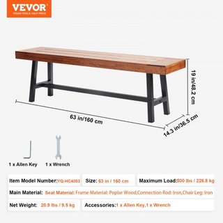 Banco al Aire Libre, Banco de Jardín de Madera de 63 pulgadas con Pierna de Metal para Exteriores, Banco con Capacidad de Carga de 500 lbs, Banco de Jardín de Exterior, Banco de Comedor para Patio...