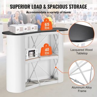 Mesa Podio Portátil para Ferias, 130 × 46,5 × 95 cm, Mostrador de Exhibición, Stand de Feria con Pared, Mesa de Bar de Promoción Plegable, Podio Pop Up con Estante de Almacenamiento, Bolsa de Tran...