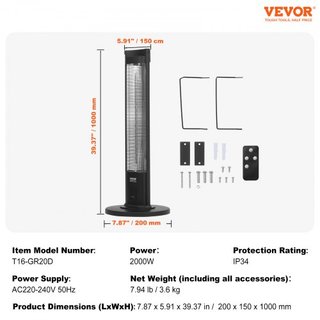 Calentador Infrarrojo, Calentador Eléctrico de Espacio de Control Remoto de 2000W, Calentador de Patio con 3 Velocidades y Temporizador y Protección contra Vuelcos, Exterior/Interior para Dormitor...