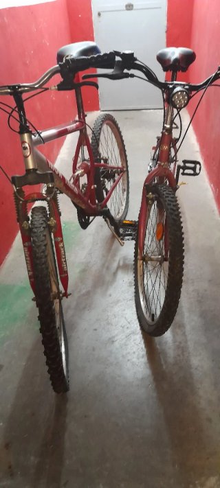 Bicicleta de montaña roja y otra rosa de paseo