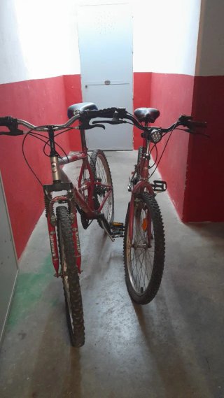 Bicicleta de montaña roja y otra rosa de paseo