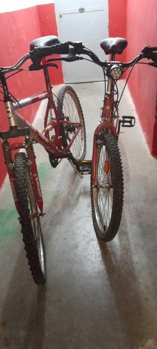 Bicicleta de montaña roja y otra rosa de paseo