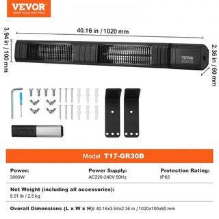 Calentador Infrarrojo, Calentador Infrarrojo Eléctrico de Espacio de Control Remoto de 3000W, Calentador Infrarrojo Exterior de Carbono con Protección IP65 con 9 Velocidades y Temporizador, para P...