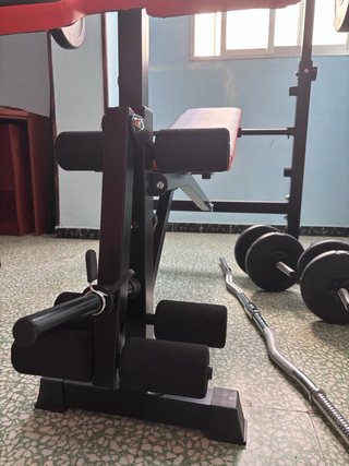Banco reclinable con barra, discos y pesas 47,5 kg